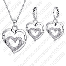 2020 Fashion Women Jewelry Sets 925 Sterling Silver Zircon CZ Crystal Double Love Heart Necklace&Earrings Jewelry Set 2024 - buy cheap