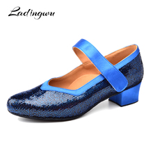 Ladingwu Ballroom Dance Shoes For Women Latin Dance Shoes For Girls Low Shoes Blue Glitter Square Soft Bottom Dancing Heel 2.5cm 2024 - buy cheap