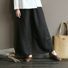 Pantalones de pierna ancha de lino y algodón para mujer, pantalón holgado con cintura elástica, Color sólido, otoño 2024 - compra barato