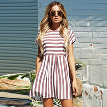 New Fashion Women 2018 Summer Striped Print O-neck Short Sleeve Loose Vintage Dresses Femme Vestidos Mini Dress 2024 - buy cheap