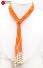 Qingmos 45 '' Natural Coral Shawl Long Necklace for Women with 3 Strands Orange Coral & White Pearl Necklace Jewelry Free Ship 2024 - buy cheap