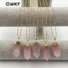 Colar de quartzo com pingente estilo romântico feminino, colar de cristal rosa com metal dourado e torre tampada em forma de pingente 2024 - compre barato