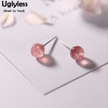 Uglyless S925 Sterling Silver Ball Studs Handmade MINI Size Women Stud Earrings Strawberry Quartz Natural Gemstone Pink Earrings 2024 - buy cheap