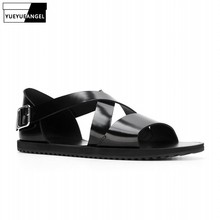 Fashion Summer Mens Casual Gladiator Plus Size Cross Straps Buckle Flats Beach Sandals Travel Genuine Leather Outside Slippers 2024 - buy cheap