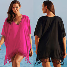 Novo biquíni feminino de verão e praia, cobertura com borlas, liso, mangas curtas, blusa de tamanhos grandes 2024 - compre barato