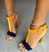 Sandalias sexys de retales con correa de hebilla para mujer, tacos cuadrados para mujer, zapatos de gamuza con punta abierta y cierre en T, vestido de tirantes, tacones gruesos, foto Real 2024 - compra barato