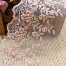 Tecido de malha rosa bordado flores fitas de renda aparos de vestido apliques faça você mesmo artesanato costura guarnição rede de renda de pano 2024 - compre barato