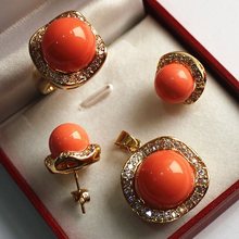 wholesale noble jewelry set 18KGP+12-14mm orange shell pearl,ring, pendant & stud earring jade 2024 - buy cheap