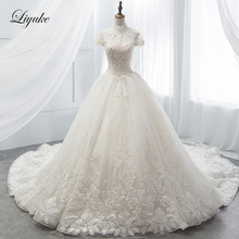 Liyuke-Vestido de novia elegante de manga corta, lujoso Vestido de fiesta con cola y perlas, para boda 2024 - compra barato