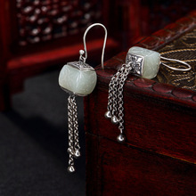 BOCAI S925 Sterling Silver Eardrop Hetian Jade Plant Pattern Tassel Thai Silver Earrings Pure Argentum Gemstone Women's Jewelry 2024 - buy cheap