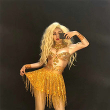 R40 Gold tassel dresses female sexy skirt dj pole dance ballroom dance costumes stage performance clothing bar outfits wears bra 2024 - buy cheap