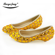 BaoYaFang-zapatos de boda con cristales dorados para mujer, cuñas para novia, talla grande 44, punta redonda, zapatos de fiesta para mujer 2024 - compra barato