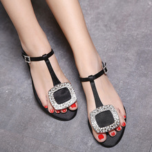 brand square crystal buckle flat sandals women T-strap silk gladiator sandalias mujer bling rhinestone sandals plus size 42 s185 2024 - buy cheap
