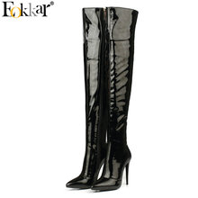 Eokkar 2020 Women Over The Knee High Boots Patent Leather Pointed Toe Super Thin High Heel Zipper Ladies Boots Plush Size 34-43 2024 - buy cheap