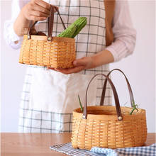 Storage Basket Japanese Handmade Wood-woven Double Leather Handle Vegetable Basket Fruit Basket  Home Decor 2024 - buy cheap