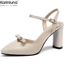 Karinluna 2019 Elegant Big Size 33-43 Cow Leather Pointed Toe Buckle Bowtie Party Shoes Woman Sandals Woman Shoes 2024 - buy cheap