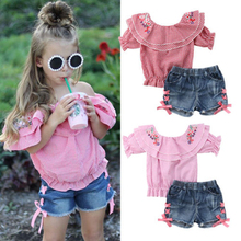 FOCUSNORM Cute Newborn Kids Baby Girls Clothes Set Off Shoulder Flower Tops Denim Pants Shorts Outfit 2024 - buy cheap