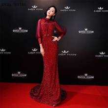 Long Sleeve Mermaid Red Carpet Celebrity Dress 2018 Floor Length Burgundy High Neck Prom Dress Plus Size 2024 - buy cheap