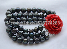 Envío Gratis> pulsera de perlas de agua dulce redonda negra de 3 filas de 8 "10mm 2024 - compra barato