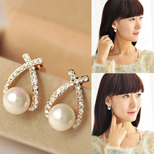 Pendientes de perlas de imitación blancas para mujer, aretes de cristal cruzado, joyería de boda, regalo, novedad de 2015 2024 - compra barato