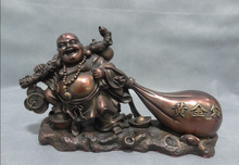 hui88K835<<<10" China Pure Bronze Wealth YuanBao Coin Happy Maitreya Buddha Money Bag Statue 2024 - buy cheap