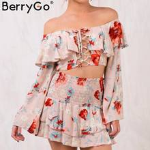 BerryGo Sexy off shoulder print boho short dress Flare sleeve lace up two piece dress women Tiered ruffle summer dress women 2024 - buy cheap