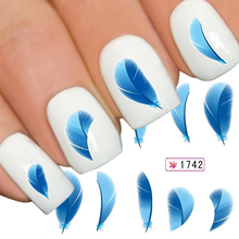 Голубое перо для дизайна ногтей переводная вода Сделай Сам перо водяной знак переводные наклейки для ногтей Наклейка 2024 - купить недорого