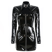 Hot Selling Sexy Women Zipper Faux Leather Costume Black Long Sleeve Fetish Open Bust PVC Latex Mini Dress Plus Size S-XXL 2024 - buy cheap