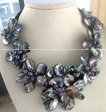 wholesale wonderful black  freshwater pearl 40-60 mm sea shell flower 18.5" necklace 2024 - buy cheap