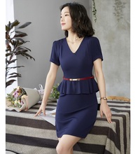 Summer Women Dresses Short Sleeve Office Ladies Work Wear Dress Navy Blue Female Clothes (Belt Included) 2024 - buy cheap