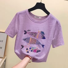 gkfnmt Women Summer Casual T-Shirt Embroidery Sequin Purple Pink White Tshirt Cotton Short Sleeve Fish Tops High Quality Clothes 2024 - buy cheap