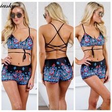 IASKY 2019 Nova impressão Retro Mulheres Biquínis Maiô Com Shorts Bikini Define swimsuit backless swimwear Maiô Praia Wea 2024 - compre barato