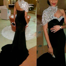 Luxury Black Long Mermaid Evening Dresses 2021 High Neck Crystal Beaded Short Sleeves Women Pageant Gown For Formal Prom Party 2024 - buy cheap