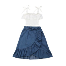 Conjunto de roupas de princesa para crianças, blusa curta branca com babados e laço de fora para meninas de 2 a 7 anos 2024 - compre barato