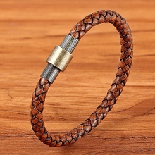 TYO Custom Stainless Steel Vintage Magnet Button Brown Braided Real Leather Bracelet Watch Woman Men Accessories Jewelry 2024 - buy cheap