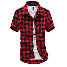 Рубашка мужская в клетку, модная клетчатая сорочка с коротким рукавом, красная и черная, лето 2021 2024 - купить недорого