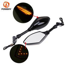 Possbay espelho preto para motocicleta, com seta de luz led, retrovisor, acessórios para moto ducati honda suzuki 2024 - compre barato