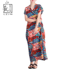 LZJN 2019 Summer Geometric Dress Short Sleeve Plus Size Loose Robe Femme V-Neck Vintage Long Cotton Shirt Dress with Pockets 2024 - buy cheap