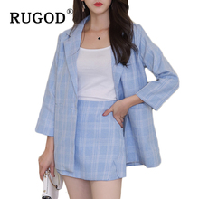 RUGOD 2021 Spring Summer Casual 2 Two Piece Suits Women Elegant Blue Plaid Jaket+ Shorts Suit Full Sleeve Tracksuits For Women 2024 - buy cheap