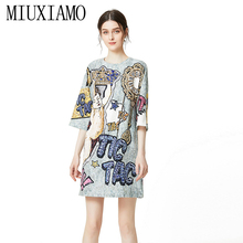 MIUXIMAO 2020 New Fashion Runway Summer Dress Women's Retro Half Sleeve Gorgeous Diamonds Letter Printed Vintage Dress Women 2024 - buy cheap