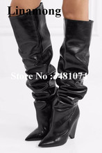 Bota feminina plissada cano alto, calçado feminino ankle boot sexy em cor sólida e preta 2024 - compre barato