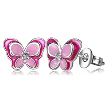 Wholesale 12 pairs Pink Butterfly Silver-Plate Stud Earring Crystal Zirconia Animal Earrings Gifts Women Jewelry for Women Girls 2024 - buy cheap