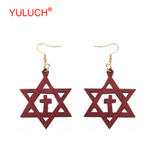 YULUCH New Arrival National Retro Polygon Openwork Cross Pendant Natural Wooden Fashion Woman Jewelry Earrings Gift 2024 - buy cheap