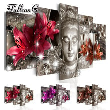 Fullcang 5 peças diy pintura diamante "buda e flores" quadrado completo/broca redonda 5d cruz ponto bordado kits decoração fc092 2024 - compre barato