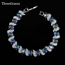 Threegrace joias fashion cz cor ouro branco micro pave zircônia cúbica conectada braceletes azuis místicos femininos br025 2024 - compre barato
