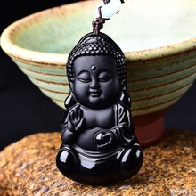 Bonito Chinês Handwork Natural Preto Obsidian Esculpido Buda Amuleto Sorte Pingente + Contas pende Do Bebê Dos Homens De Pedra Jade Jóias 2024 - compre barato