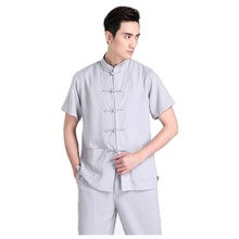 Shanghai Story Chinese Traditional Kung Fu Tops Short Sleeve Tang Suit Clothing For Men Cotton Blend Shirt / Grey 2024 - buy cheap