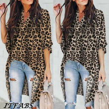Fashion Women's Ladies Summer Long Sleeve V neck Leopard Loose Casual Long Blouse Summer Tops 2024 - buy cheap
