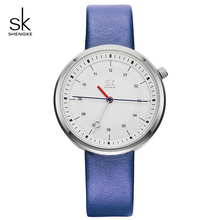 Shengke relógio de pulso feminino, novo relógio fashion criativo de quartzo para mulheres, couro azul, casual, para mulheres, # k8044, 2019 2024 - compre barato