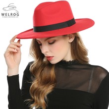 WELROG Black Red Fedora Hats For Women Imitation Wool Fedoras Panama Felt Hat Winter Men Jazz Hats Trilby Chapeau Femme Caps 2024 - buy cheap